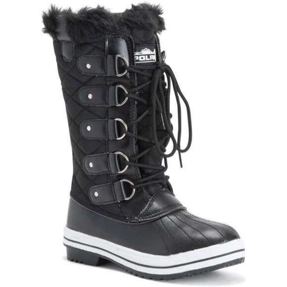 Black Rubber Polar Nylon Tall Winter Snow Cold Shoes Boot for Adult Women - Picture 2 of 7